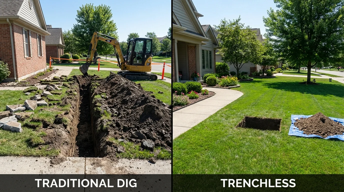 Trenchless sewer repair with minimal yard damage versus traditional excavation in Tecumseh, NE