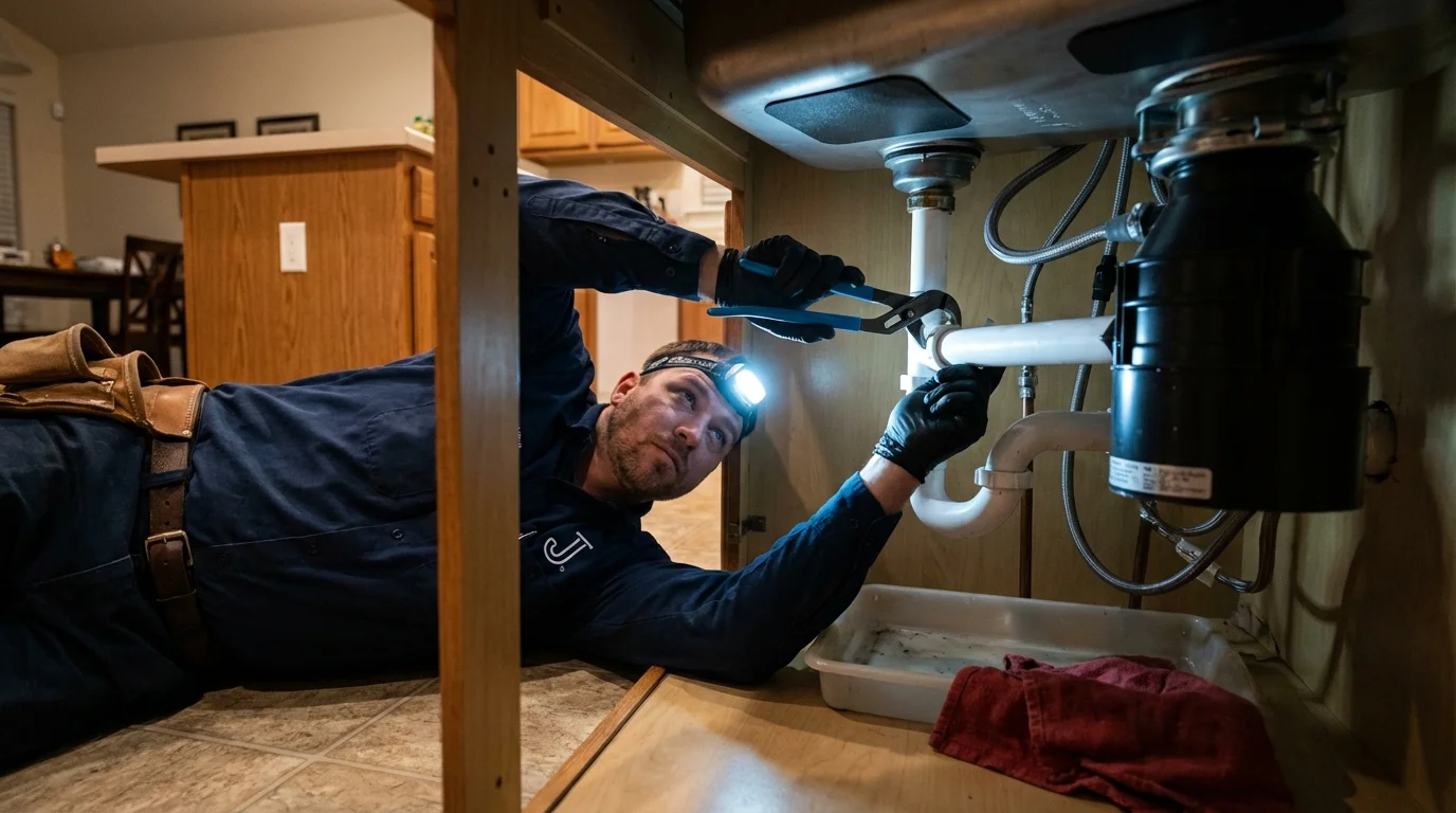 P-trap and supply line connections under a kitchen sink showing a common leak point in Tecumseh, NE